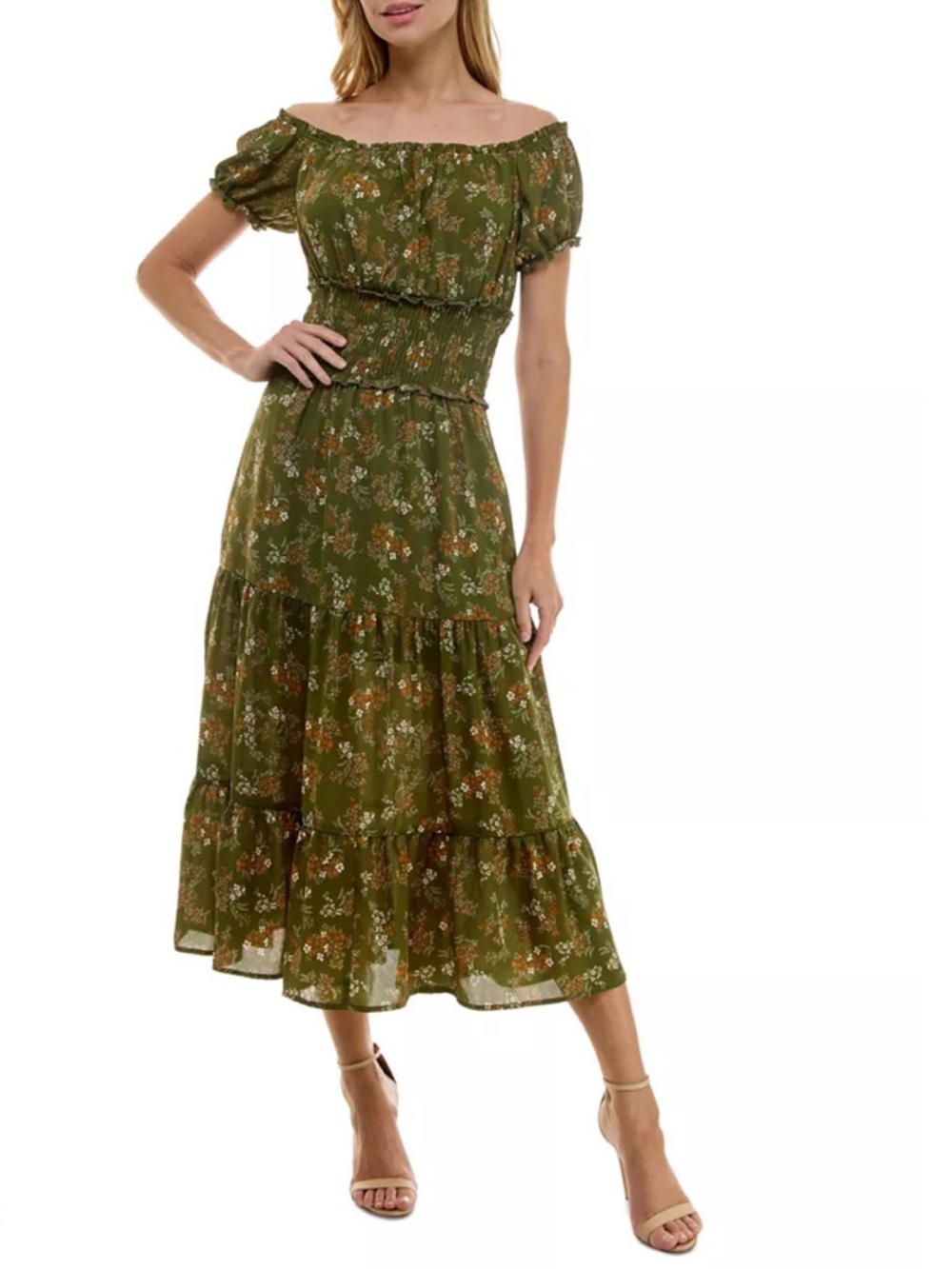 Trixxi Olive Floral Puff-Sleeve Maxi Dress